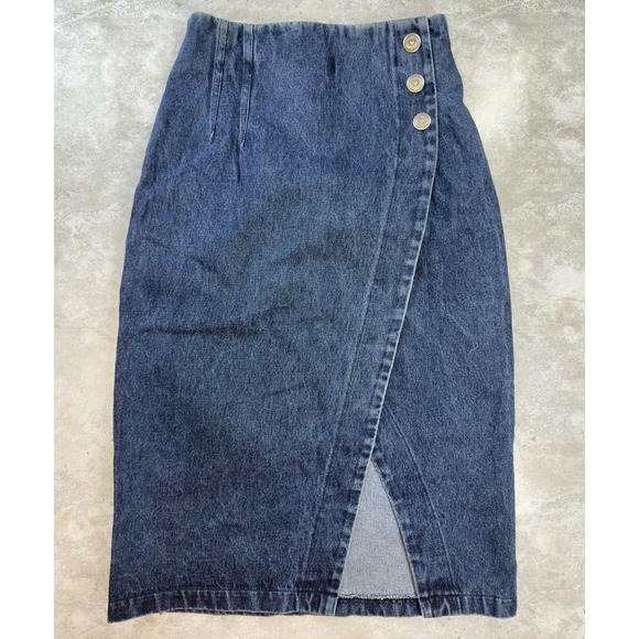 Vintage Apache Denim Skirt Womens Medium High Waist Wrap Button Made USA 90s - Picture 1 of 7